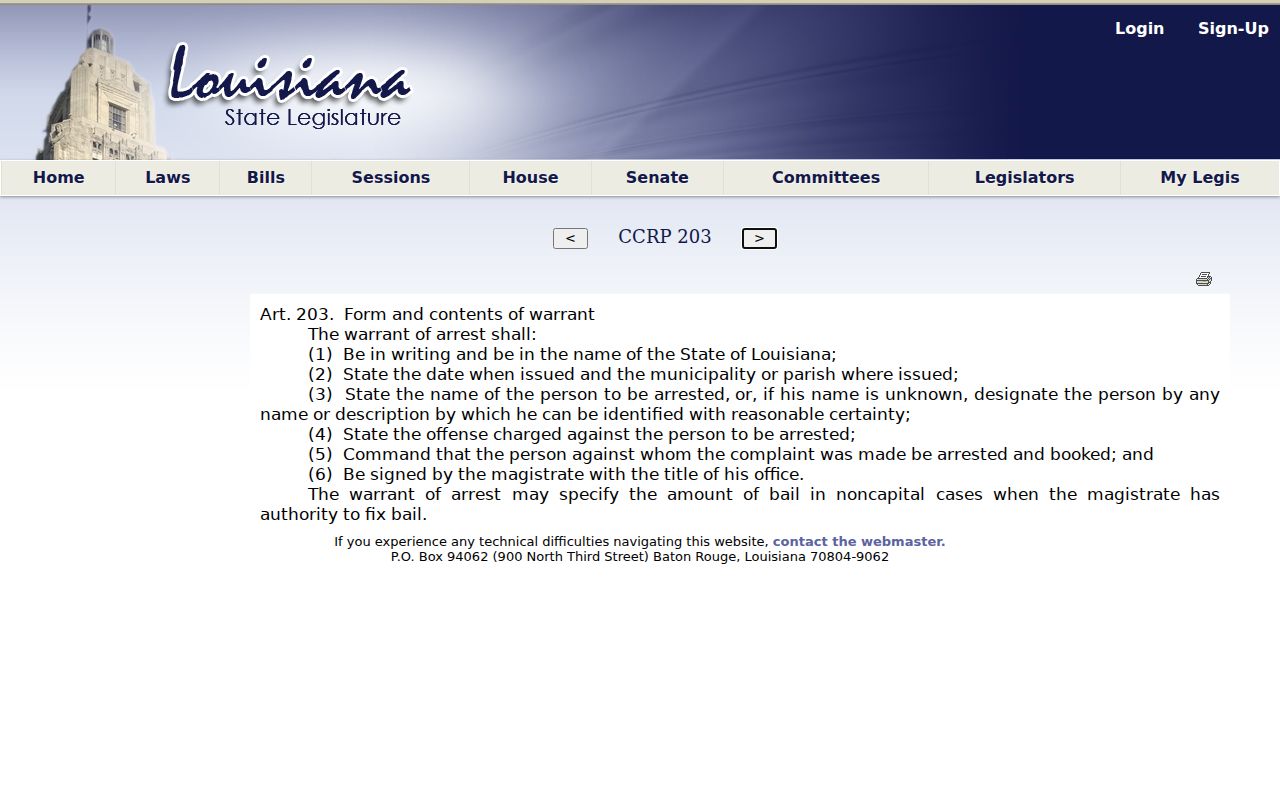 Louisiana arrest warrant content statute used for Vermilion Parish warrant record fields