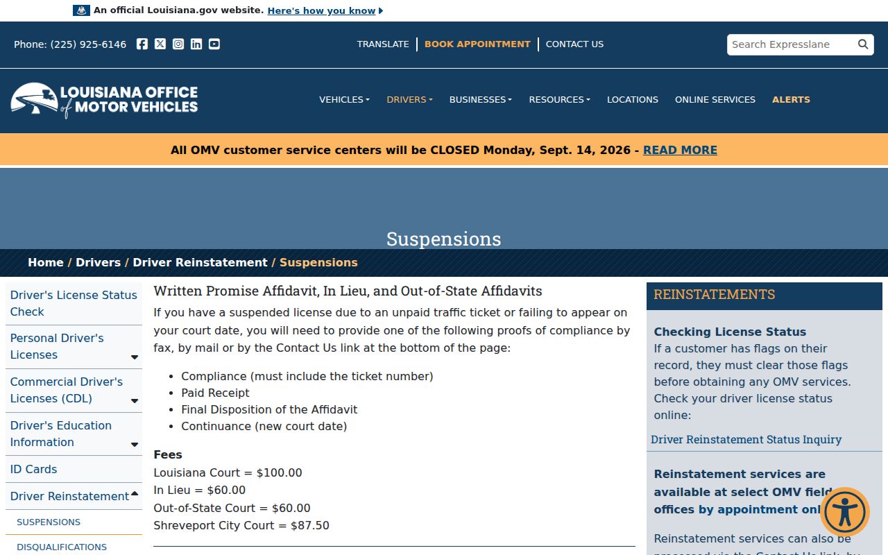 Louisiana OMV suspension compliance steps related to Vermilion Parish traffic warrant records