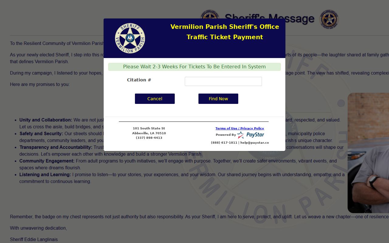 Vermilion Parish traffic citation payment portal compared with traffic warrant records