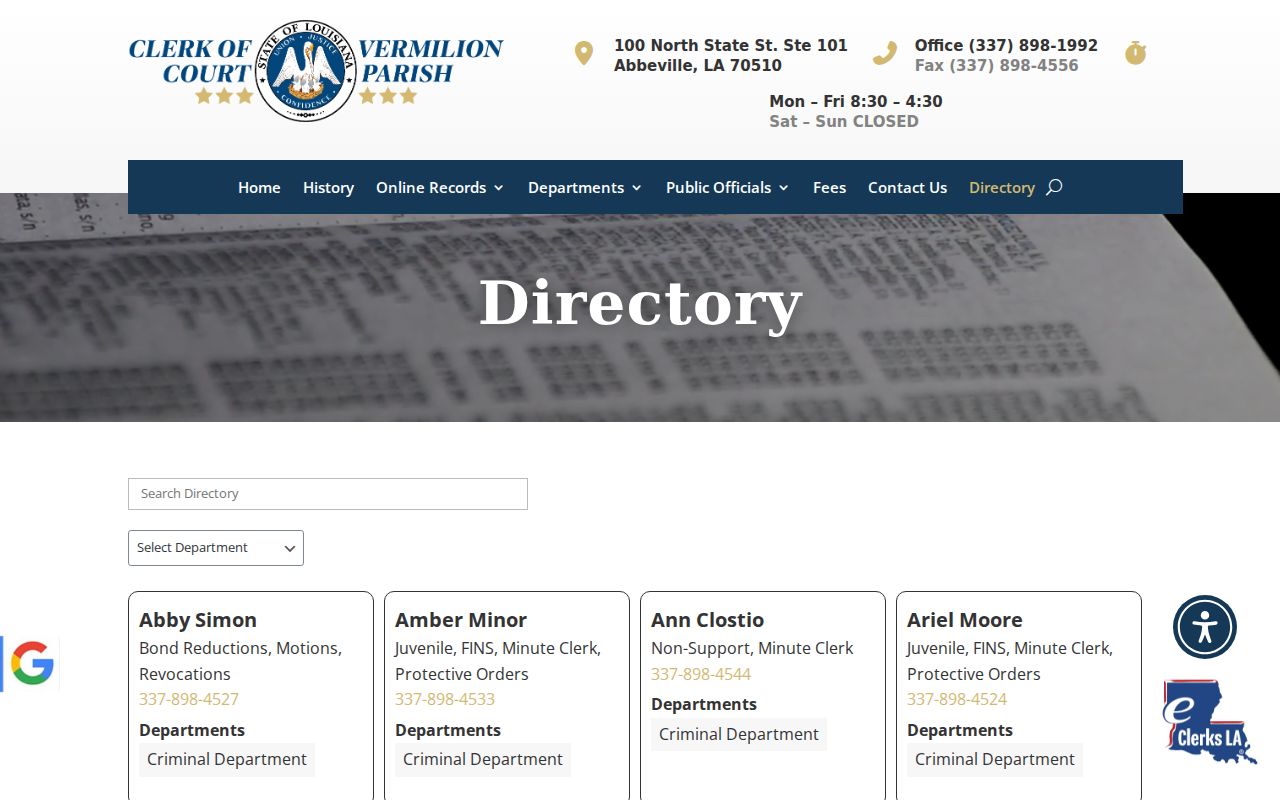 Vermilion Parish Clerk of Court directory routing for warrant records questions