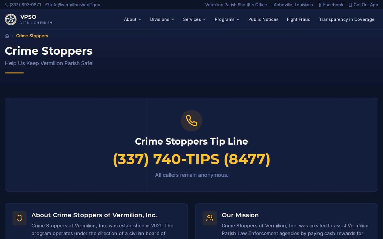 Vermilion Parish Crime Stoppers tip program page related to most wanted records