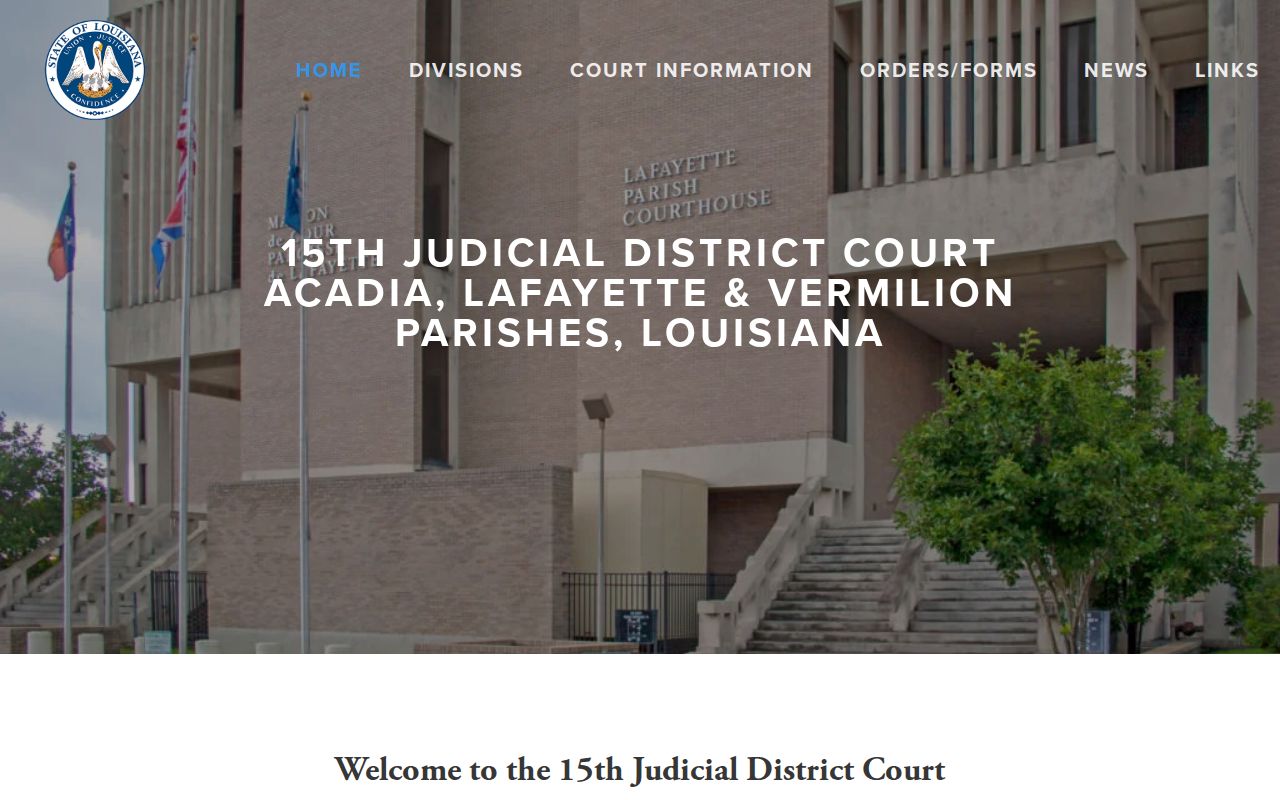 Fifteenth Judicial District Court homepage used for Vermilion Parish warrant records routing