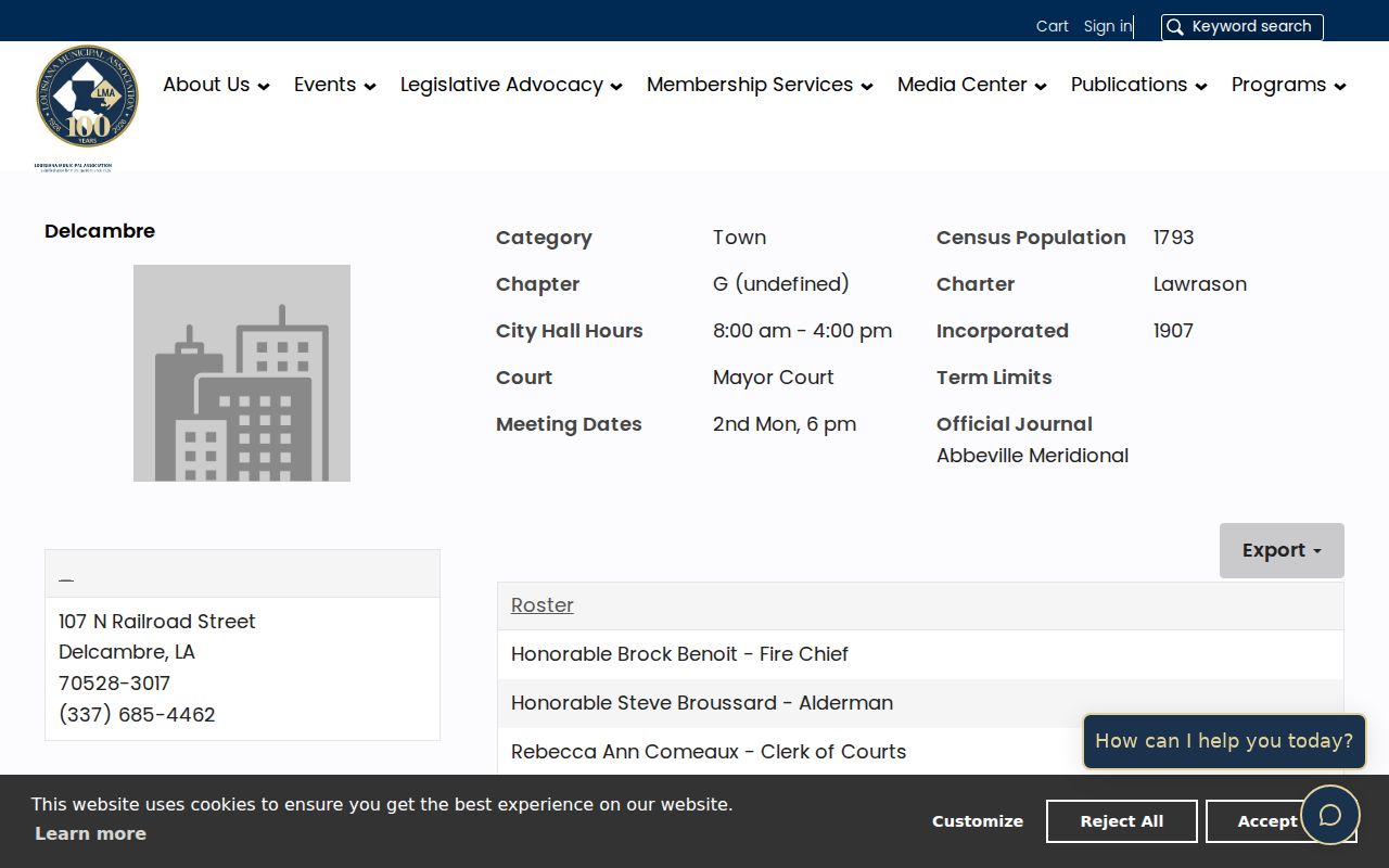 Delcambre municipal profile page listing the town office and Mayor's Court contact details for Delcambre warrant records