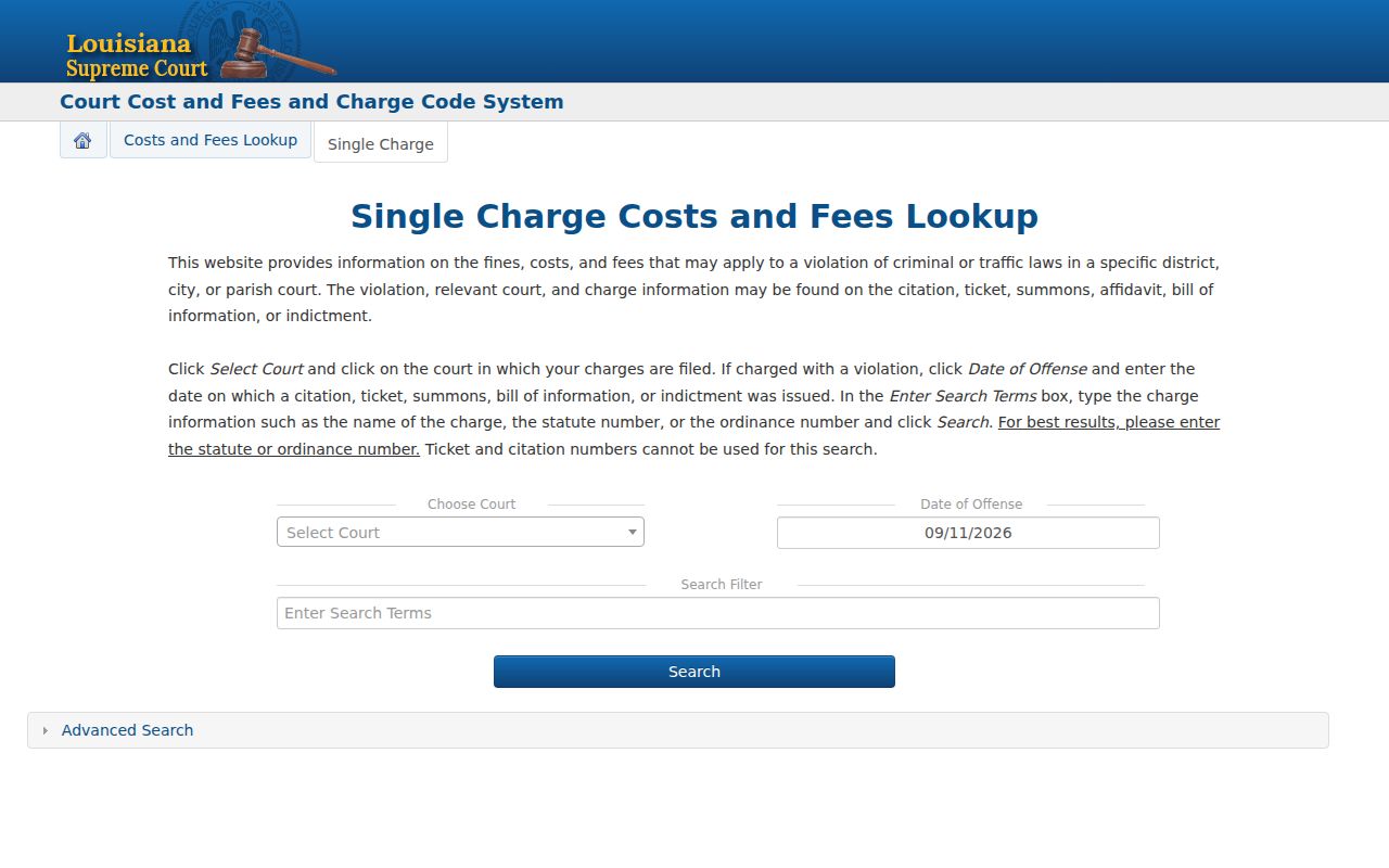 Louisiana charge code search screen compared with Vermilion Parish warrant search records