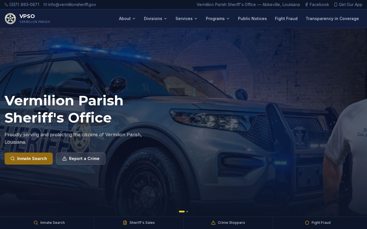 Vermilion Parish Sheriff's Office home page navigation for warrant records questions